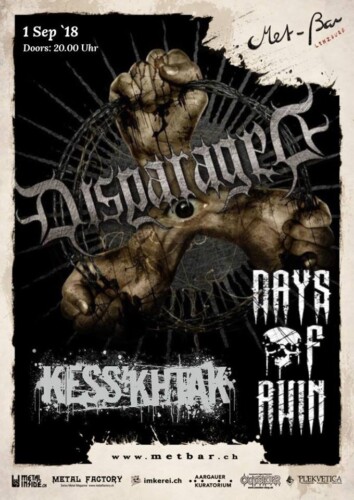 Poster von der Veranstaltung Disparaged, Kess`Khtak & Days of Ruin @ Met-Bar, Lenzburg