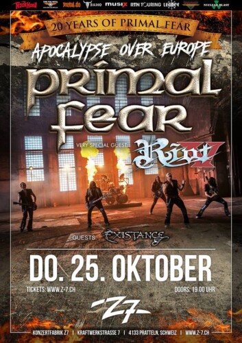 Poster von der Veranstaltung Primal Fear, Riot V & Existance @ Konzertfabrik Z7, Pratteln