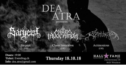 Poster von der Veranstaltung Sargeist, Chaos Invocation & Acrimonious @ Hall of Fame, Wetzikon