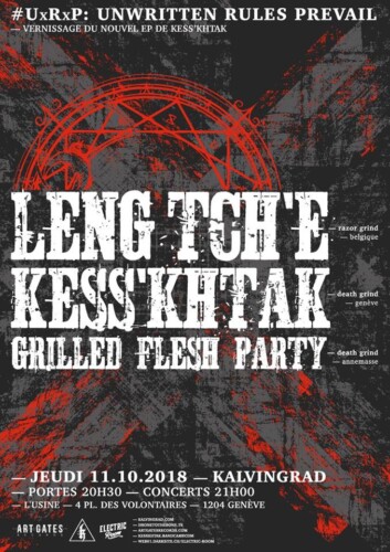 Poster von der Veranstaltung Leng Tch'e, Kess'khtak & Grilled Flesh Party @ Kalvingrad, Genf