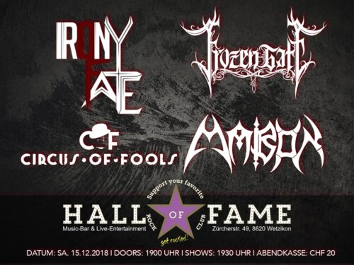 Poster of the event Frozen Gate, Irony Of Fate, Mabon & Circus Of Fools at Hall of Fame, Wetzikon