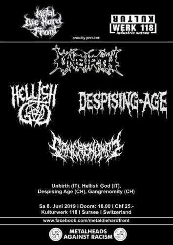 Poster von der Veranstaltung Unbirth, Hellish God, Despising Age & Gangrenomity @ Kulturwerk 118, Sursee