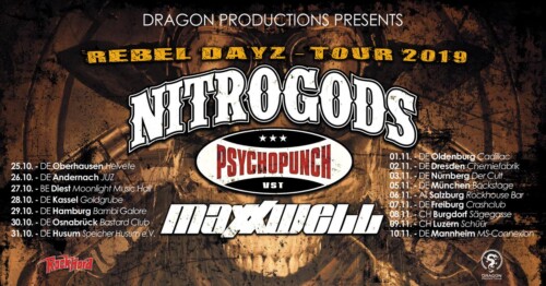 Poster von der Veranstaltung Nitrogods, Maxxwell & Psychopunch @ Konzerthaus Schüür , Luzern