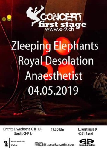 Poster of the event Zleeping Elephants/ Royal Desolation / Anaesthetist at E9 Concert