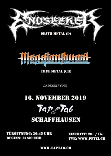 Poster von der Veranstaltung Endseeker & Megaton Sword @ TapTab Musikraum, Schaffhausen