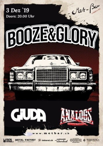 Poster von der Veranstaltung Booze and Glory, Giuda & The Analogs @ Met-Bar, Lenzburg