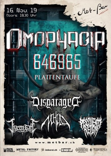 Poster von der Veranstaltung Omophagia Plattentaufe @ Met-Bar, Lenzburg