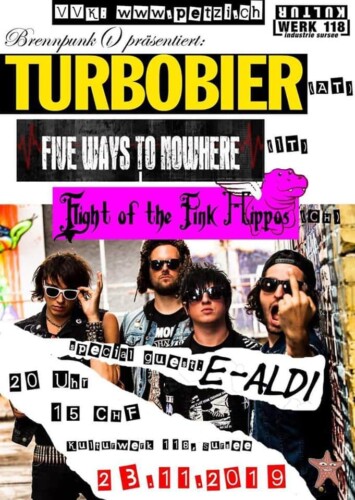 Poster von der Veranstaltung Turbobier & Five Ways To Nowhere @ Kulturwerk 118, Sursee