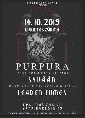 Poster von der Veranstaltung Purpura, Syvään, Leaden Fumes @ Ebrietas, Zürich