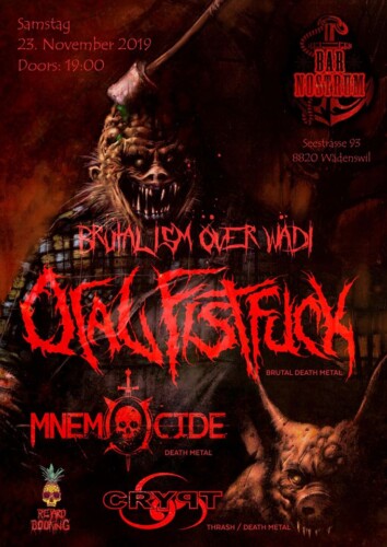 Poster von der Veranstaltung Oral Fistfuck // Mnemocide // Crypt - BRÜTALISM ÖVER WÄDI @ Bar Nostrum