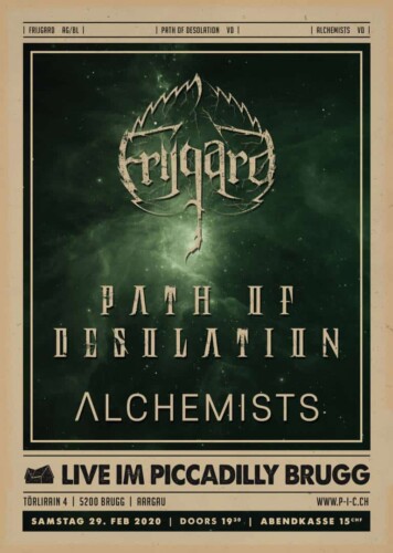 Poster von der Veranstaltung Frijgard, Path of Desolation & Alchemists @ Jugendkulturhaus Piccadilly, Brugg