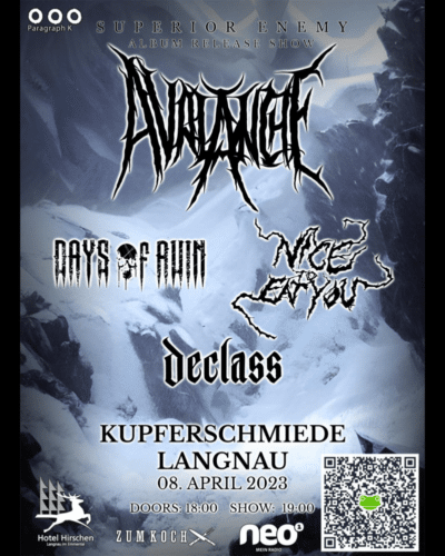 Poster von der Veranstaltung Plattentaufe Avalanche // mit Days of Ruin, Nice to Eat You & Declass @ Kupferschmiede Langnau