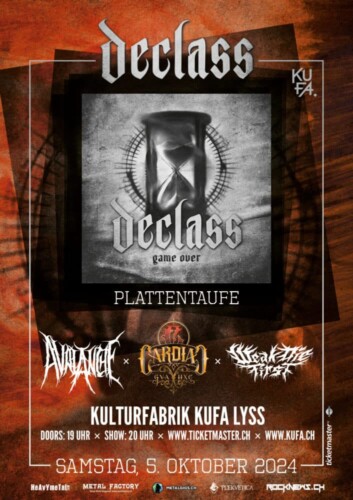 Poster of the event Declass Plattentaufe (mit CardiaC, Avalanche & WeakDieFirst) at Kulturfabrik KUFA, Lyss