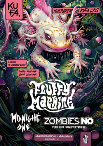 Poster of the event Fluffy Machine, ZombiesNO & MidNight One at Kulturfabrik KUFA, Lyss