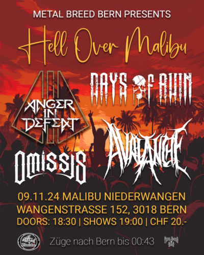 Poster von der Veranstaltung Hell over Malibu | Days of Ruin, Avalanche & Anger in Defeat @ Malibu