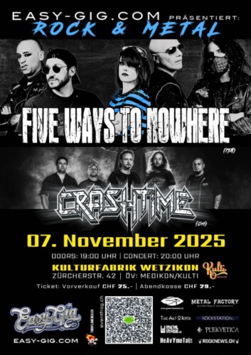 Poster von der Veranstaltung Crashtime & Five Ways To Nowhere - Rock & Metal in der Kulti Wetzikon @ Kulturfabrik Wetzikon