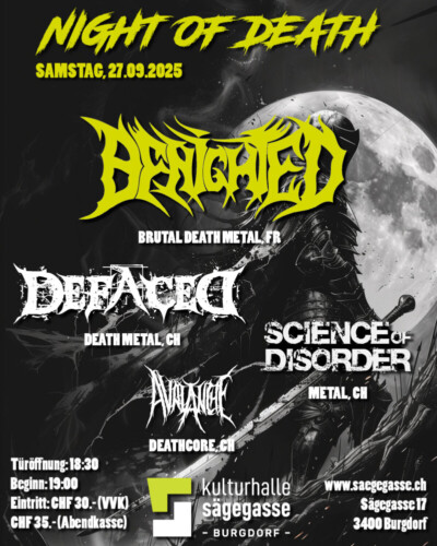 Poster von der Veranstaltung Benighted, Defaced, Science of Disorder & Avalanche | Night of Death @ Kulturhalle Sägegasse, Burgdorf