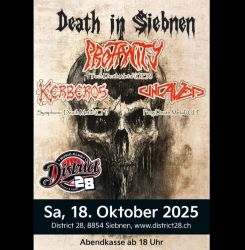 Poster von der Veranstaltung Profanity, Uncaved & Kerberos Death in Siebnen @ District 28, Siebnen