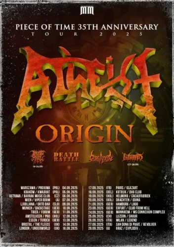Poster of the event Atheist, Origin, Deathrattle, Gorgatron & Intrepid at Konzerthaus Schüür , Luzern