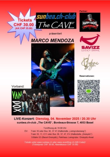 Poster von der Veranstaltung Marco Mendoza & Supporting Act. VanDox @ The Cave