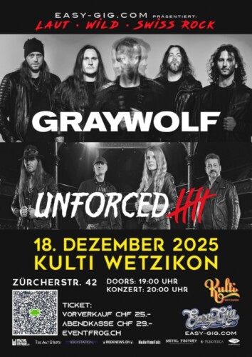 Poster von der Veranstaltung GRAYWOLF & Unforced 5 - Hardrock in der Kulti Wetzikon @ Kulturfabrik Wetzikon