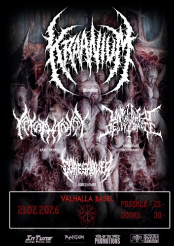 Poster von der Veranstaltung Kraanium, Kakothanasy, Unhallowed Deliverance & Goreshower @ Valhalla