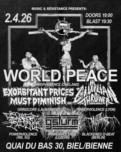 Poster von der Veranstaltung Exorbitant Prices Must Diminish, World Peace & Civilian Thrower @ Quai du Bas